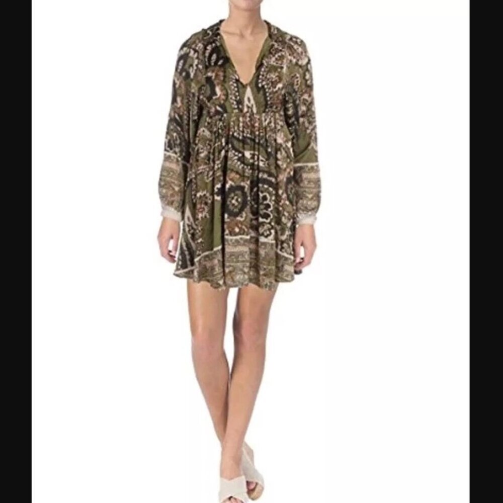Free People Say You Love Me Mini Shirt Dress Size Small Green Boho Peasant Fall